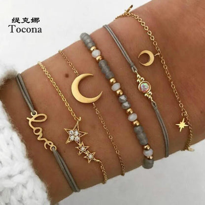 Pulseras Boho Tocona con Encantos de Luna y Estrella, Cuentas de Cristal y Cuerda, Joyería para Mujer