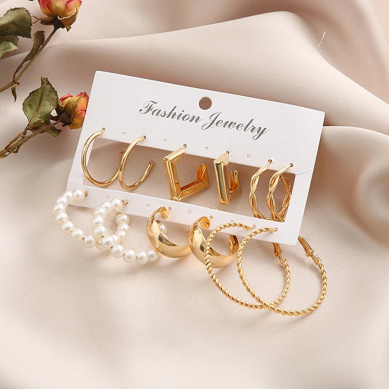 Set of 18 Women's Earrings | Geometric Hoops with Faux Pearl, Fashion in Metal and Gold Color Alloy