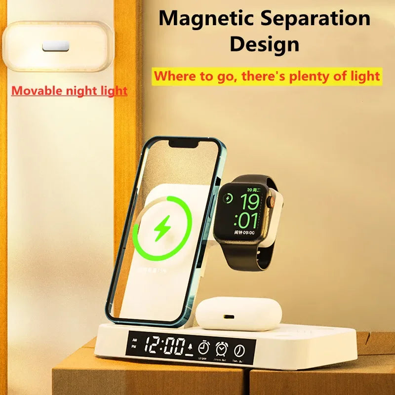 Cargador Inalámbrico 3 en 1 con Reloj Despertador y Luz Nocturna - 30W