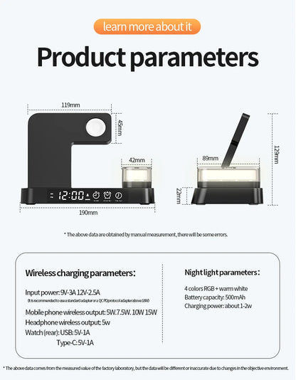 Cargador Inalámbrico 3 en 1 con Reloj Despertador y Luz Nocturna - 30W