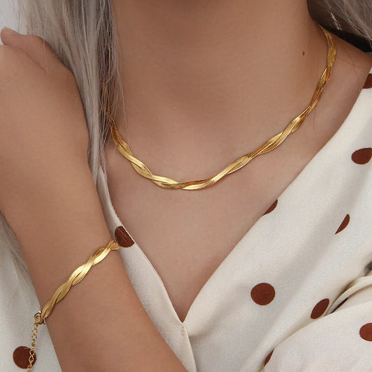 Conjunto de Collar y Pulseras de Acero Inoxidable Trenzado y Chapado en Oro