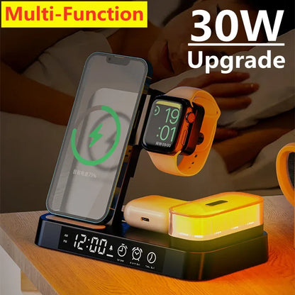 Cargador Inalámbrico 3 en 1 con Reloj Despertador y Luz Nocturna - 30W