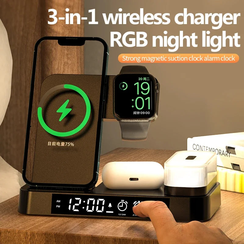 Cargador Inalámbrico 3 en 1 con Reloj Despertador y Luz Nocturna - 30W